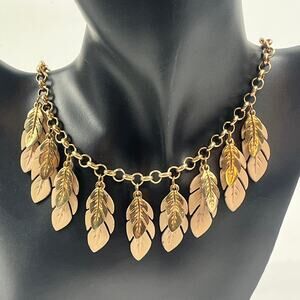 Gold Tone Taupe Feather Statement Necklace Adjustable 14" Womens Lobster Clasp